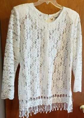 Lace fringed Nina Lee U.S.A. Women's off-white top tunic cover-up Vintage med - Image 1 of 4
