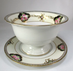 Nippon M-in-Wreath Bowl Saucer Hand Painted Floral Pink Black w/Gold 1911-1921 - Picture 1 of 8
