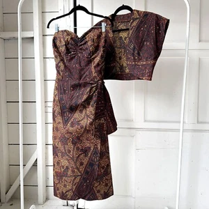 Vintage 1950s Hawaiian Sarong Tiki Dress Bolero 2pc Set Brown Cotton XS - Picture 1 of 10