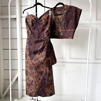 Vintage 1950s Hawaiian Sarong Tiki Dress Bolero 2pc Set Brown Cotton XS - Image 1 of 4