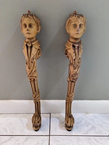 Beautiful Pair Antique Vintage Carved Wood Figural Table Legs 20 inches Cover