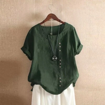 Clothing Summer Office Lady Size Cotton Linen Blouse Casual Short Sleeve Shirt - Image 1 of 4