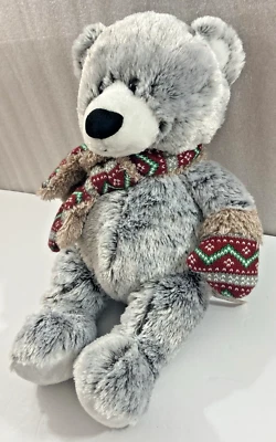 Gray Teddy Bear winter soft plush w/Scarf & Mittens 17" Hugfun International - Image 1 of 4