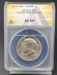 1971 D Kennedy Clad Half Dollar Coin ANACS AU55 Struck Thru Grease Error - Picture 1 of 5