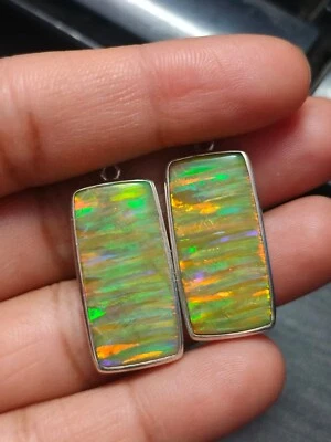 Pendientes colgantes de plata esterlina amarillo verde fuego aurora ópalo rectangular joyería Foto 1 de 4