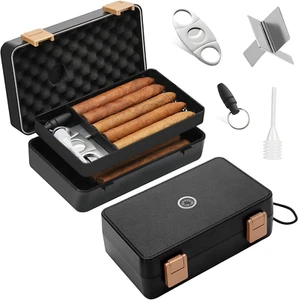 Travel Cigar Humidor Box Case Double Layer Design with Cigar Accessories - Picture 1 of 12