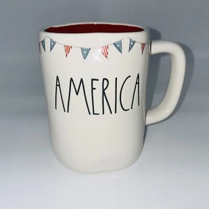 Rae Dunn AMERICA Glossy White Mug Patriotic Flag Garland Border Red Interior - Picture 1 of 4