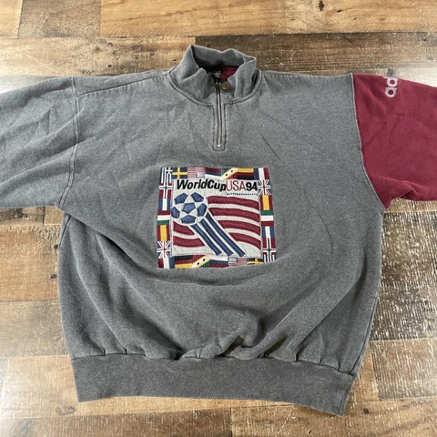 Vintage Adidas Mens Sweater Medium Gray USA World Cup 1994 Mock Neck 1/4 Zip Top Cover