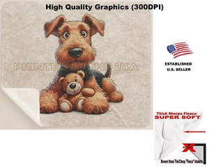 DigiPups Airedale Terrier Dog Teddy Bear Hug Cartoon Sherpa Fleece Throw Blanket - Picture 1 of 6