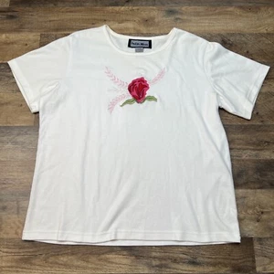 T-shirt donna Indigo Moon taglia grande bianca ricamata rosa manica corta - Foto 1 di 14
