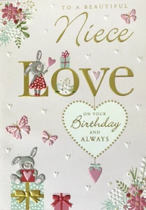"To a Beautiful Niece" Butterflies & Bunnies Pink Birthday Card by Simson Cards - Bild 1 von 5