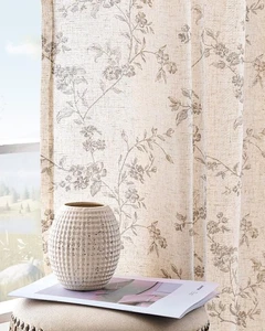 Linen Floral Curtains for Living Room 84 Inch Length Taupe Printed Curtains B... - Foto 1 di 7