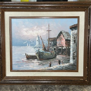 MAX SAVY MAINE HARBOR ESCENA ÓLEO SOBRE MADERA CONTRACHAPADA - FIRMADO Y ENMARCADO - Imagen 1 de 7