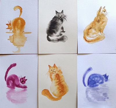 Original Artwork Painting BLACK RED ORANGE CATS Portrait Animal Pet Art-A6- 6pic - Image 1 of 4