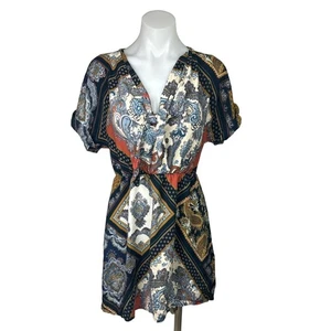 H&M Pañuelo Multicolor Bufanda Paisley Corbata Cuello en V Manga Corta Mini Vestido 2 - Imagen 1 de 8