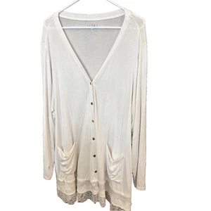 LOGO by Lori Goldstein White Button Front Top with 5" Lace at Hem 1X - Picture 1 of 5