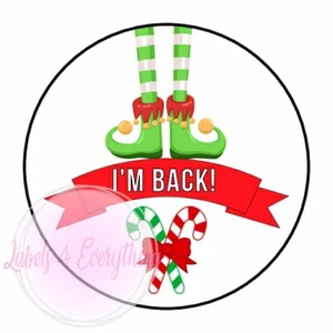 Elf Legs I'm Back Christmas Stickers Sweet Cones Lollipop Lolly Labels White - Picture 1 of 1