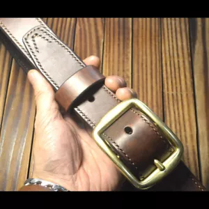 Hand Sewing Custom made Full grain Saddle Leather Durable Belt Brass Buckle - Picture 1 of 9