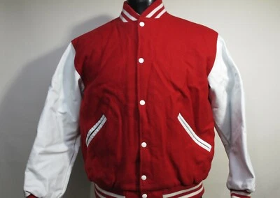 Chaqueta Universitaria de Fútbol Cheshire High School Roja y Blanca Lana y Cuero Grande Foto 1 de 2
