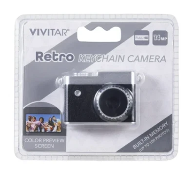 Vivitar Retro Keychain Digital Black Camera, Micro SD Card, Prime Lens 14MP