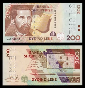 ALBANIA 200 Leke Lek 2001 P-67s UNC SPECIMEN BANKNOTE W/ SERIAL NUMBER NA000000 - Picture 1 of 3