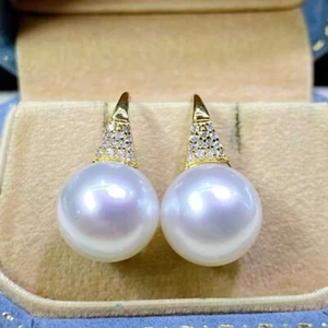 Best price Aurora & Smooth 11mm Australian south sea pearl earring G18K Diamond - Picture 1 of 5