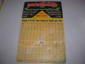 ✅McPherson's Limited 1940s Weight Of B.T.M Steel Tubing Chart Selling As Shown - Picture 1 of 7