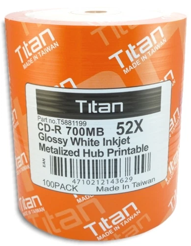600-Pak =SEMI-GLOSSY= Titan 52X 80-Min White Inkjet Hub CD-R's, Titan T5881199 - Image 1 of 1