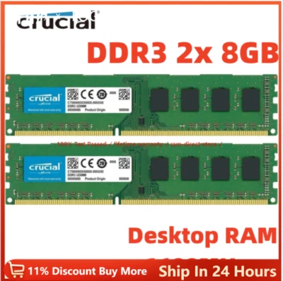 CRUCIAL DDR3 1600MHz 2x 8GB 16GB PC3-12800 Desktop Memory RAM 240pin DIMM 16G 8G - Image 1 of 4