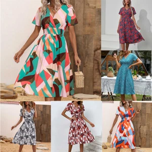 Small Floral Print V-Neck Middle Skirt Summer Women Short Sleeve Dress - Picture 1 of 40