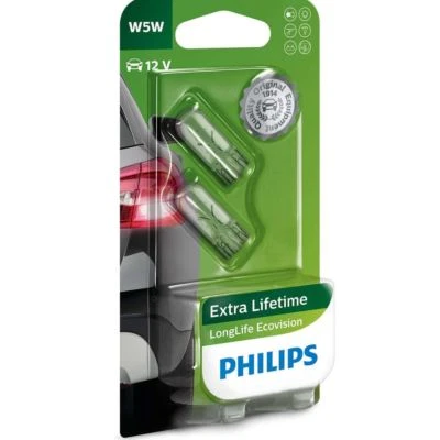 PHILIPS W5W LongLife EcoVision Halogen Bulb 12V 5W W2,1x9,5d 12961LLECOB2 Twin - Image 1 of 2