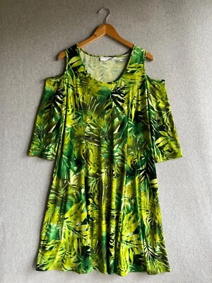 Susan Graver Dress Womens L Green Tropical Palm Cold Shoulder Liquid Knit - Image 1 of 4