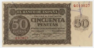 Spain España 50 Pesetas 21-11-1936 Pick 100 aUNC Almost Uncirculated Banknote - Picture 1 of 2