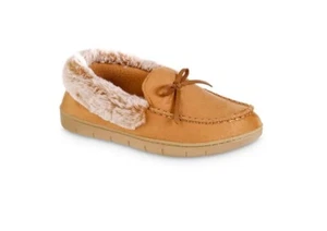ISOTONER Rae microsuede fur trim women moccasin slippers Memory Foam 6.5 -7 TAN - Picture 1 of 7