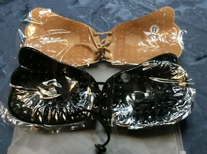 Strapless Adhesive Bra B Cup Push Up Reusable Lace Closure Beige Black 2 Pack - Picture 1 of 2