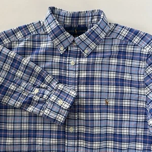 Ralph Lauren Boys Oxford Shirt Kids XL/18-20 Blue Plaid Long Sleeve Flesh Pony - Picture 1 of 11