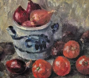 Ölgemälde Sepp Vees Stillleben Schmalzhafele Zwiebel Tomate - Bild 1 von 5