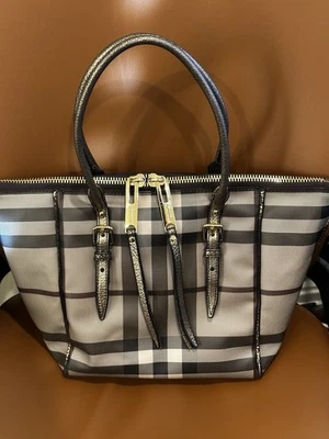 Burberry Smoked Check Canvas Antique Gold Leather Salisbury Small Tote Bag - Image 1 of 4