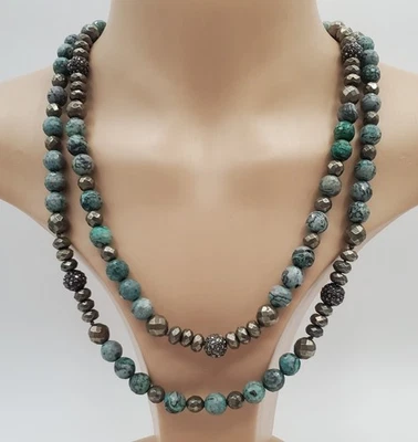 Collar Hipchik 44 pulgadas verde azul jaspe pavé marcasita cuentas pesadas declaración Foto 1 de 4