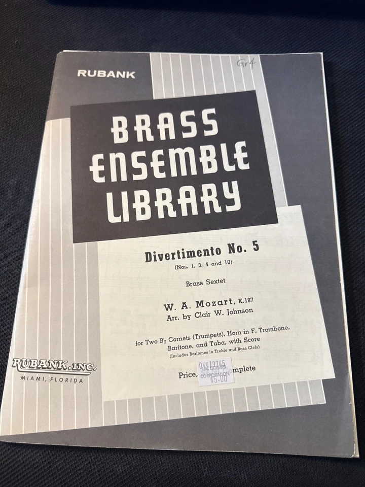 Divertimento No. 5 Brass Sextet by W.A. Mozart Rubank No. 327 Music Book - Image 1 of 3