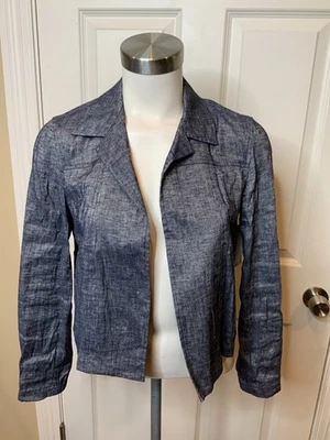 Theory Dark Wash Chambray Denim Lightweight Cropped Linen Jacket, Size Small - Image 1 of 4