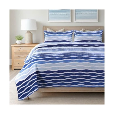 SLPR Blue Wave 3-Piece Quilt Set - Queen Size with 2 Shams, Coastal... Fast Ship - Image 1 of 4
