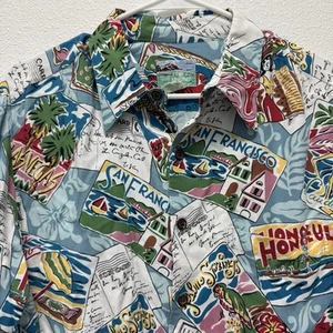 Reyn Spooner Rayon Hawaiian Shirt Vacation Destination Postcards Mens Size Large - Picture 1 of 7