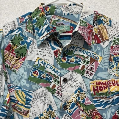 Reyn Spooner Rayon Hawaiian Shirt Vacation Destination Postcards Mens Size Large - Image 1 of 4