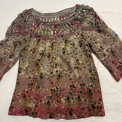 Sundance Women's Silk Floral Flowy Shirt Top 3/4 Sleeves Roses Green Pink PXS - Image 1 of 4