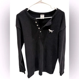 Pink Victorias Secret Henley Oversized Pullover Waffle Knit Black Size Medium - Picture 1 of 3