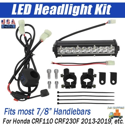 For KLX110 and CRF110 Pitbike Plug-n-Play LED Headlight Light Bar w/ Switch Kit Foto 1 de 4
