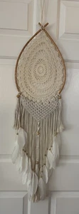 Vintage Makramee Mond Traumfänger mit Federn & Holzperlen Boho Wand Tür Deko - Bild 1 von 4