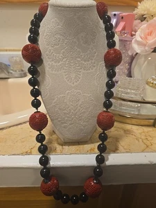 Antique Chinese Black & Carved Red Cinnabar Sterling Silver Enamel Long Necklace - Picture 1 of 5