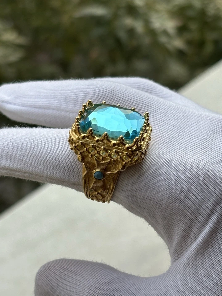 Anillo para hombre aguamarina de plata de ley, diseño simbólico cristiano del rey real Foto 1 de 4